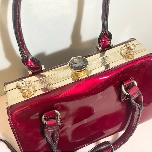 Red Patent Handbag with Rhinestone Closure - Picture 3 of 15
